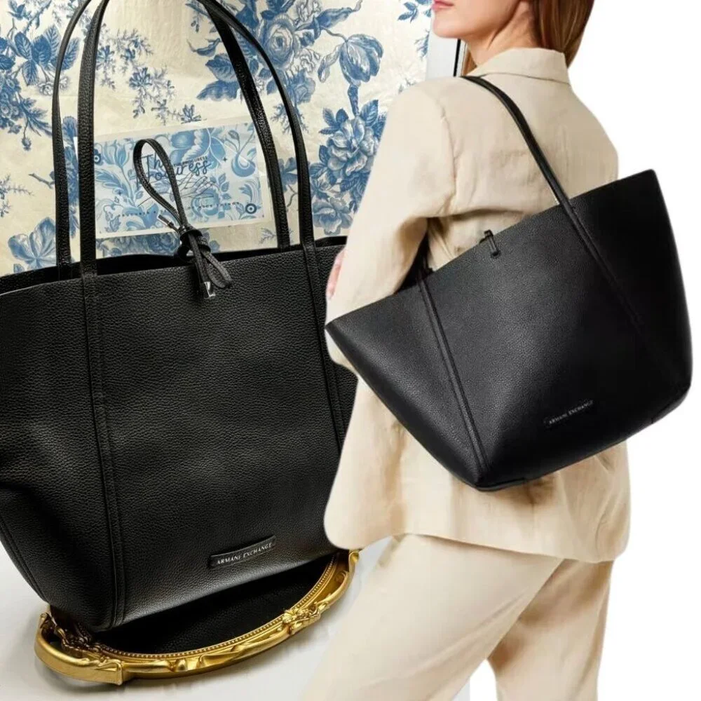 🆕 ARMANI EXCHANGE 🧿 NWOT Large Reversible Tote Bag, Black & Patent Black